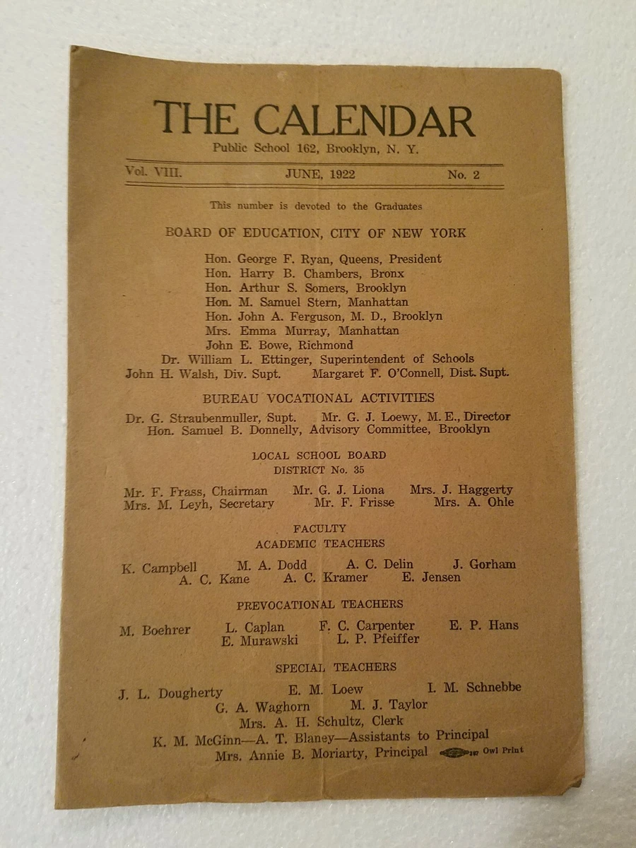 1922 Graduation Program THE CALENDAR Public School 162 Brooklyn NY | eBay