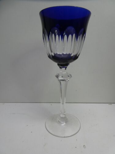 COBALT BLUE FLASH CUT OVERLAY GLASS STEM WINE CHAMPAGNE FLUTE HOCK GLASS