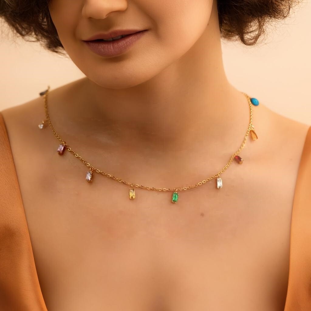 Multicolored Gold Rectangle Charm Necklace Minimalist Gift