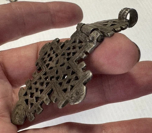 PICK Vintage Ethiopian Jointed Coptic Cross Charm Pendant Silver Tone Tribal 3" image 10