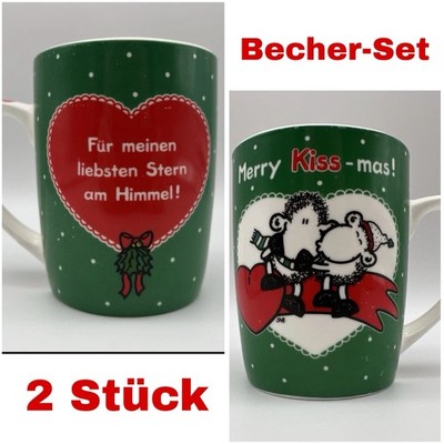 2 Stück Sheepworld Schaf Becher Tasse MERRY KISS MAS Liebe Love Weihnachten XMAS