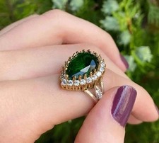Pear Cut Simulated Green Emerald Engagement Band Ring In 14k Yellow Gold Plated