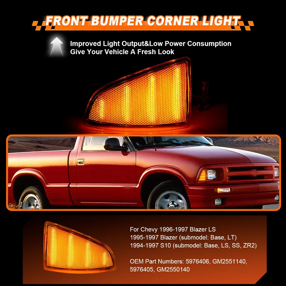 Luces LED de señal de marcador lateral de parachoques delantero ámbar para Chevy S10 94-97 Foto 3 de 4