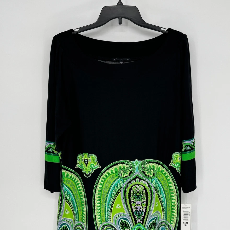 Nuevo vestido recto Tiana B negro estampado cachemir manga 3/4 hasta la rodilla para mujer XL Foto 2 de 4