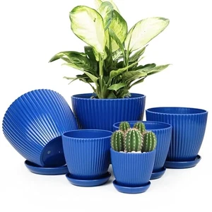 Plant Pots Indoor with Saucers & Drainage - 6 Pack Flower Pots - Dark Blue - Picture 1 of 6