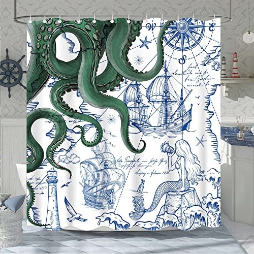 Nautical Octopus Shower Curtain Navy Blue Mermaid 72"W x 72"L (Pack of 1) Green - Picture 2 of 7
