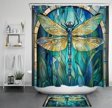 Stained Glass Blue Green Leaves Dragonfly Shower Curtain Set for Bathroom Decor