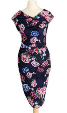 Lipsy Size 8 Dark Navy Blue Bodycon Pencil Party Dress Pink Floral Ruched Waist