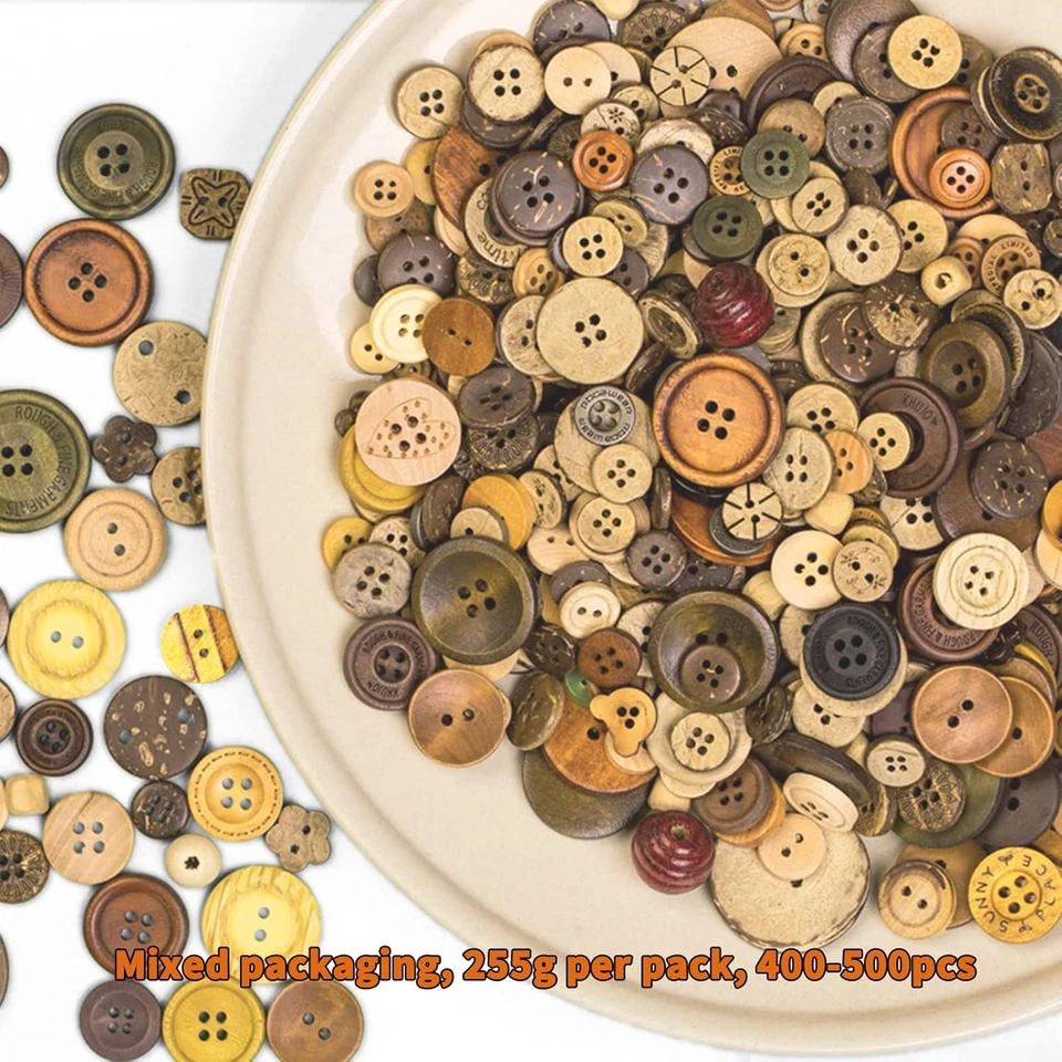Mixed Vintage Wood Buttons for Crafts, Assorted Shapes, 400-500 PCS - Image 2 of 4