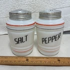 Vntg Hazel Atlas Milk Glass Beehive Range Salt & Pepper Shakers Red/Black Stripe