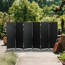 4 ft. Short Woven Fiber Outdoor All Weather Folding Screen - 6 Panel - Black