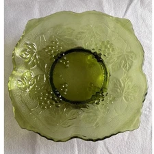 Vintage Avocado Green Glass Bowl Grape Leaf Pattern Footed Serving Dish