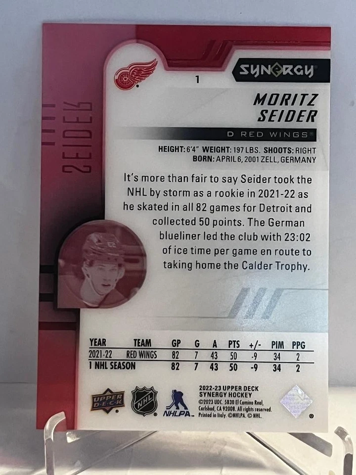 Moritz Seider 2022-23 Upper Deck Synergy Red #1 Detroit Red Wings - Image 2 of 2