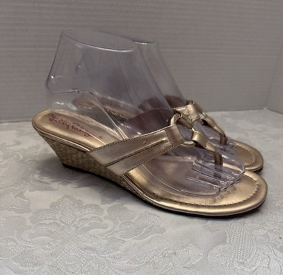 Lilly Pulitzer 7.5M McKim Gold Metallic Wedge Flip Flop Sandal Leather Preppy