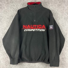 Vintage Nautica Competition Fleece Pullover Mens Large Black 1/4 Zip USA 90s