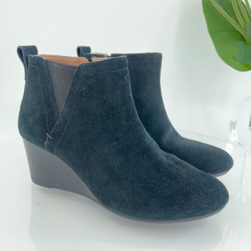 Vionic Women's Paloma Boot Size 7.5 Wedge Bootie Black Suede Comfy Side Zip