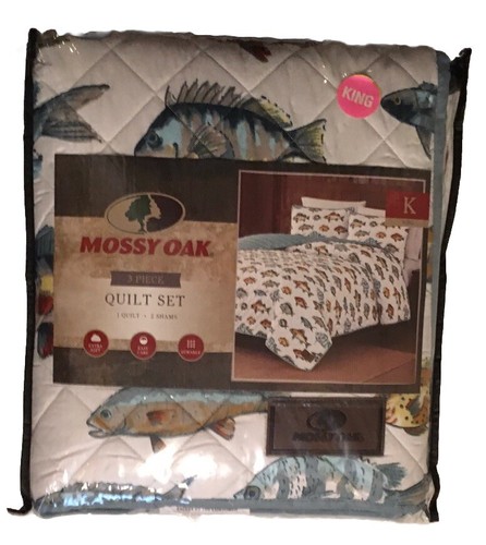 MOSSY OAK FISH KING SIZE QUILT 3 PIECE SET 2-SHAMS White & Multicolored NWT - Picture 2 of 4