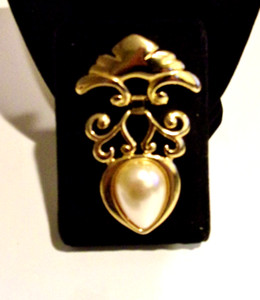 Authentic Vtg,White Tear Drop Shape Faux Pearl Gold Plated Metal, 3"L, Drop Dangle Brooch