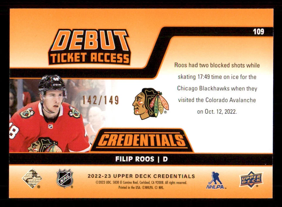 2022-23 Upper Deck Credentials Horizontal Orange #109 Filip Roos /149 - Image 2 of 2
