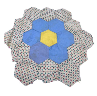 Antique Grandmas Flower Garden Quilt Block Piece Replacement Crafts White Blue