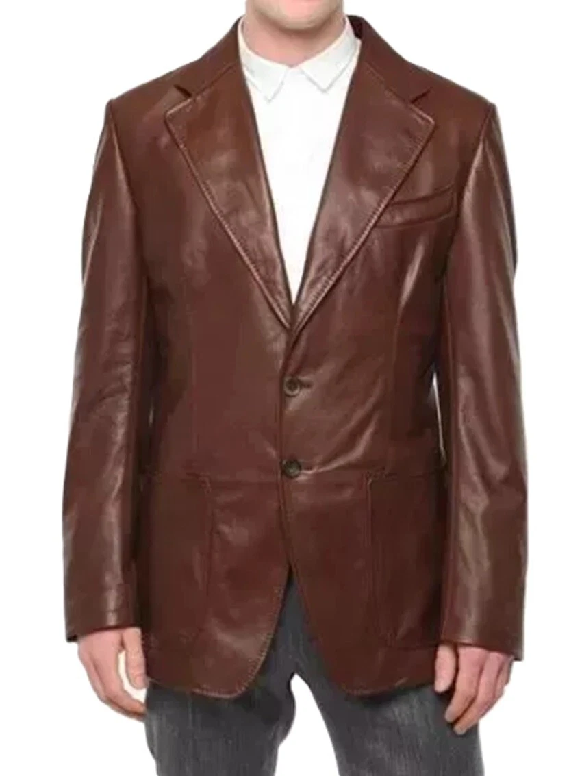 Men's Genuine Lambskin Leather Blazer Two Button Brown Jacket Casual Suit Coat