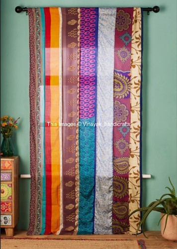 2 Pcs Indian Sari Patchwork Curtain Drape Window Decor Multi Silk Sari Curtain - Picture 2 of 3
