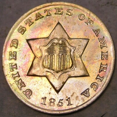 1851 O THREE CENT SILVER PIECE BEAUTIFUL MONSTER RAINBOW TONING SCARCE SEMI KEY