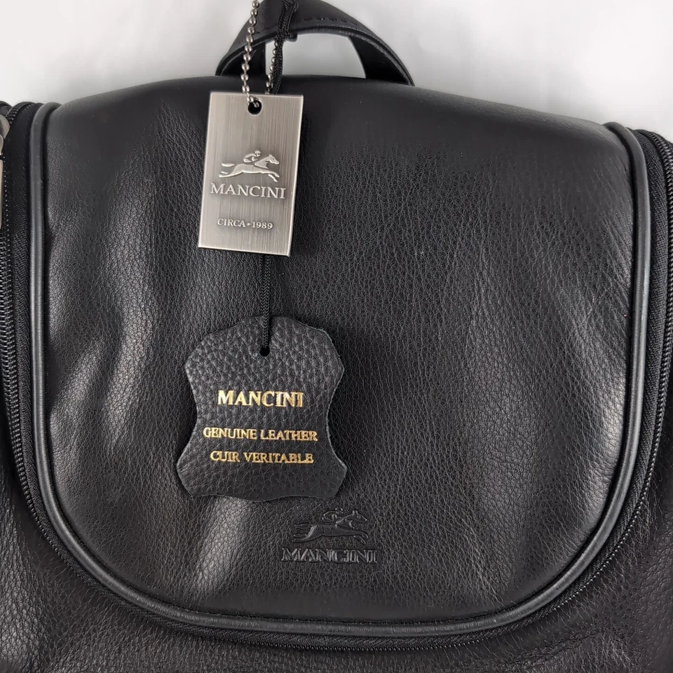 MANCINI Leather Travel Bag Black Toiletry Over Door Hook 11x8" Ex Condition B108 Foto 2 de 4