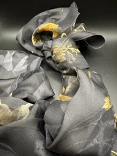 Women’s Scarf Black Sheer Stripe w/Yellow Flowers Polyester Italy 15”x30” Tag