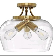 Image of Mount Ceiling Light with Glass Merra 11 in. 3-Light Antique Brass Semi-Flush 