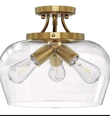Mount Ceiling Light with Glass Merra 11 in. 3-Light Antique Brass Semi-Flush 