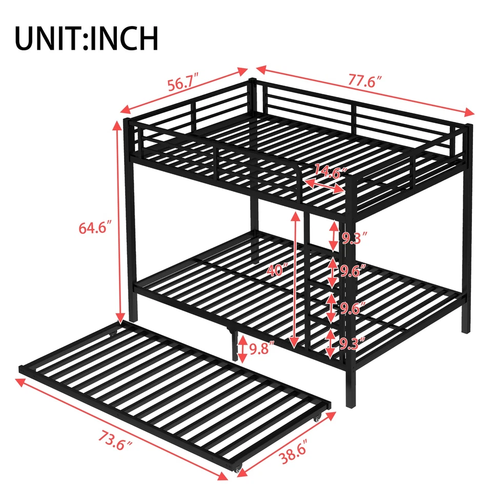 Full over Full Metal Bunk Bed with Twin Size Trundle,Black Bed Frame for Bedroom - Image 4 of 4