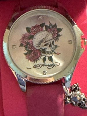 Ed Hardy Womens Quartz Analog Wristwatch Pink Leather Strap Skull Dial w/Box