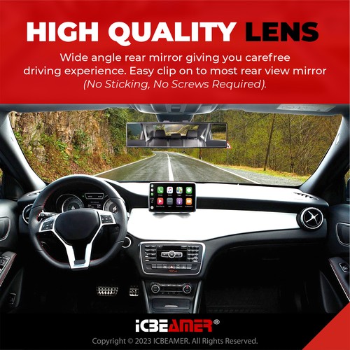 Universal ICBEAMER 240MM Convex Clear Interior Clip On Rear View Mirror B80 - Picture 3 of 8