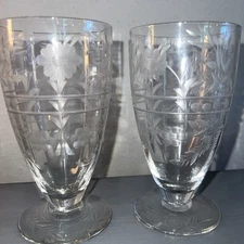 2 Libbey Rock Sharpe Anniversary Cut Flower & Dots Iced Tea Footed Tumblers 5.5"