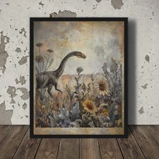 Vintage DINOSAUR SUNFLOWER Wall Art, Jurassic Flower Decor, Floral Print