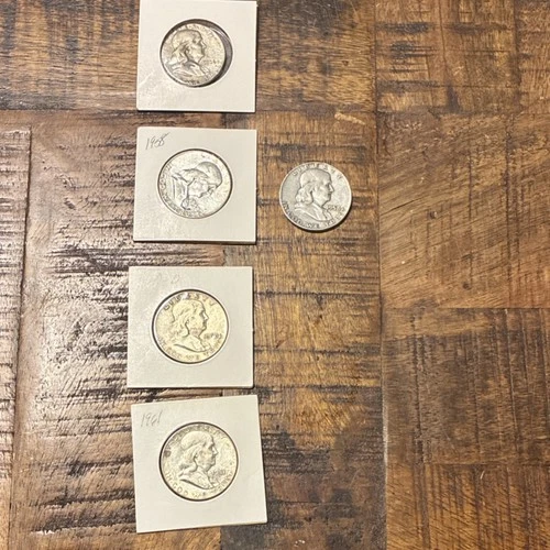 Franklin Half Dollar Lot 1956, 1958, 1960-D, 1961 Silver Circulated US Coins (5)