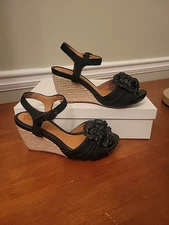 Nuture Black Wedge Heel Sandel with flower accent size 6