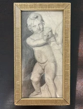 Antique Pencil Drawing of a Cherub Holding a Goose Classical Style Framed Study 
