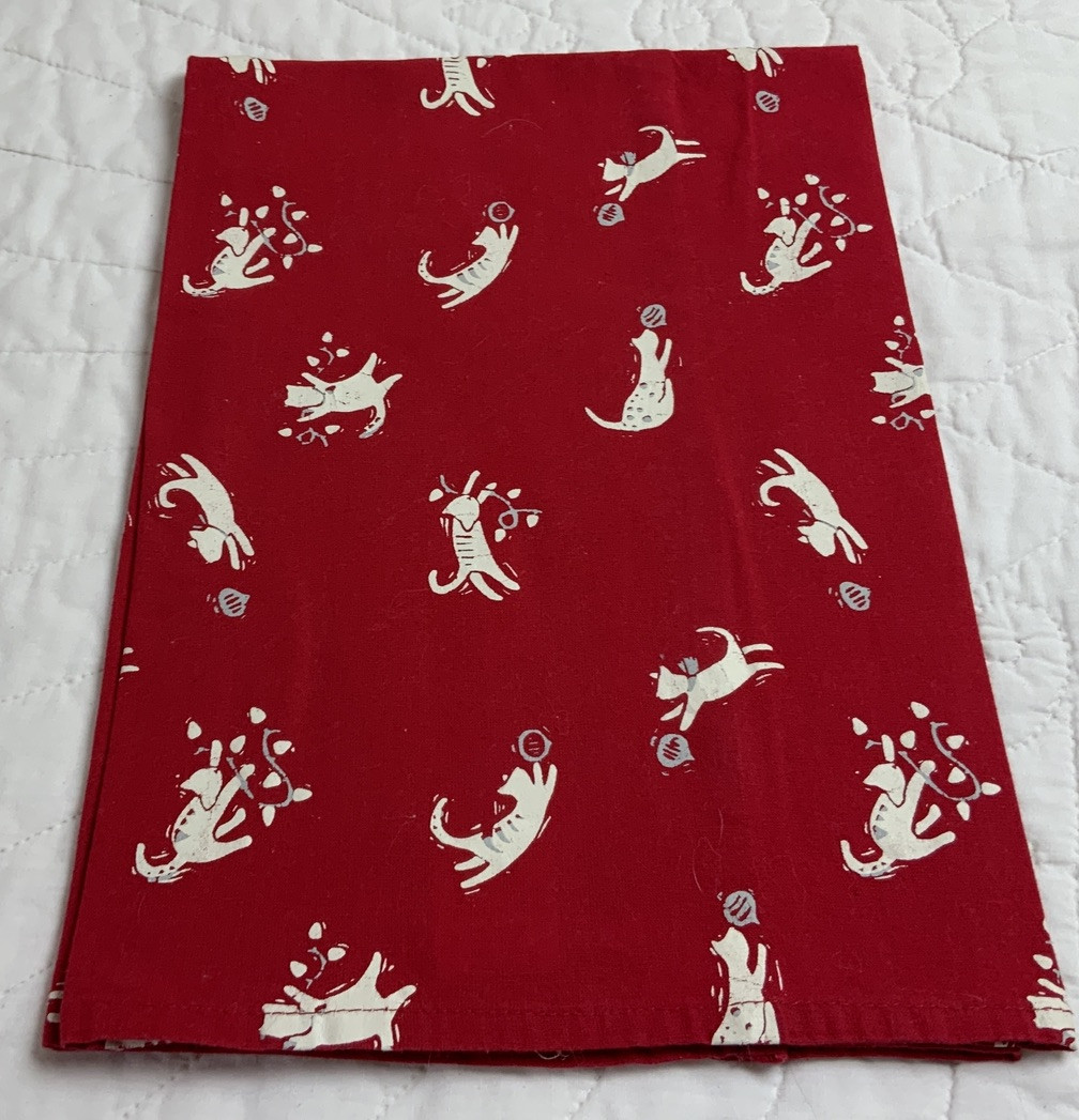 Large Kitchen Dish Towel, Cotton, Playful Kitty Cats, Red & White