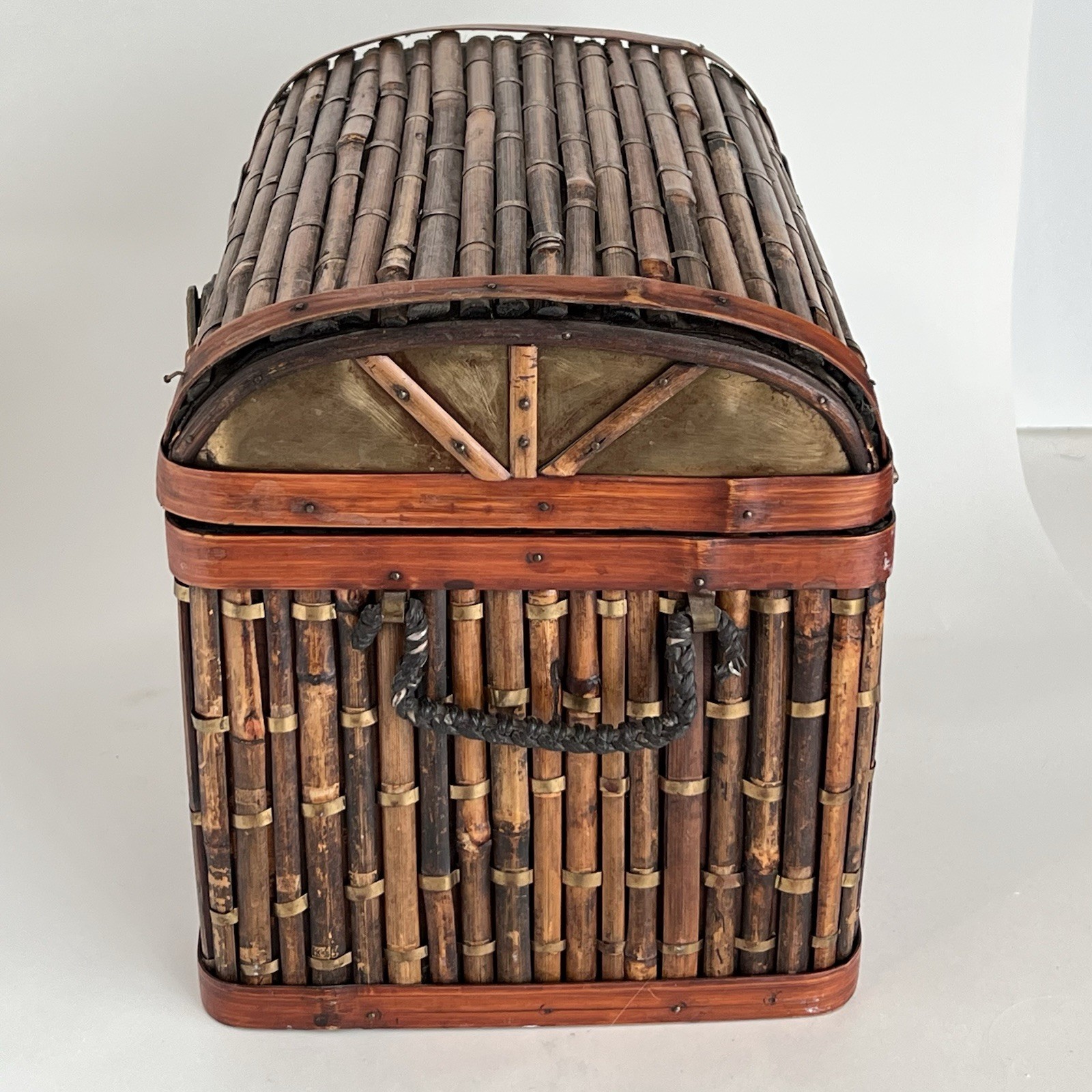 Bamboo & Tin Chest Trunk With Metal Latch & Dome Lid Boho Cottage Cabin 10”