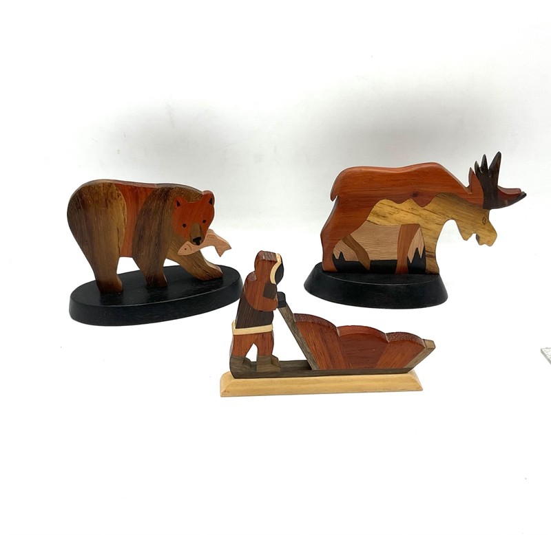 Northwoods Handmade Wooden Marquetry 3 piece set MOOSE, BEAR & SLED