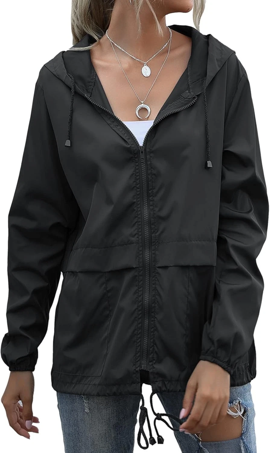 Muzeca Women Waterproof Raincoat Lightweight Rain Jacket Hooded Windbreake