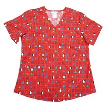 Simply Basic Women Red Penguin Christmas Medical Smock Nurse Scrubs Shirt Top S