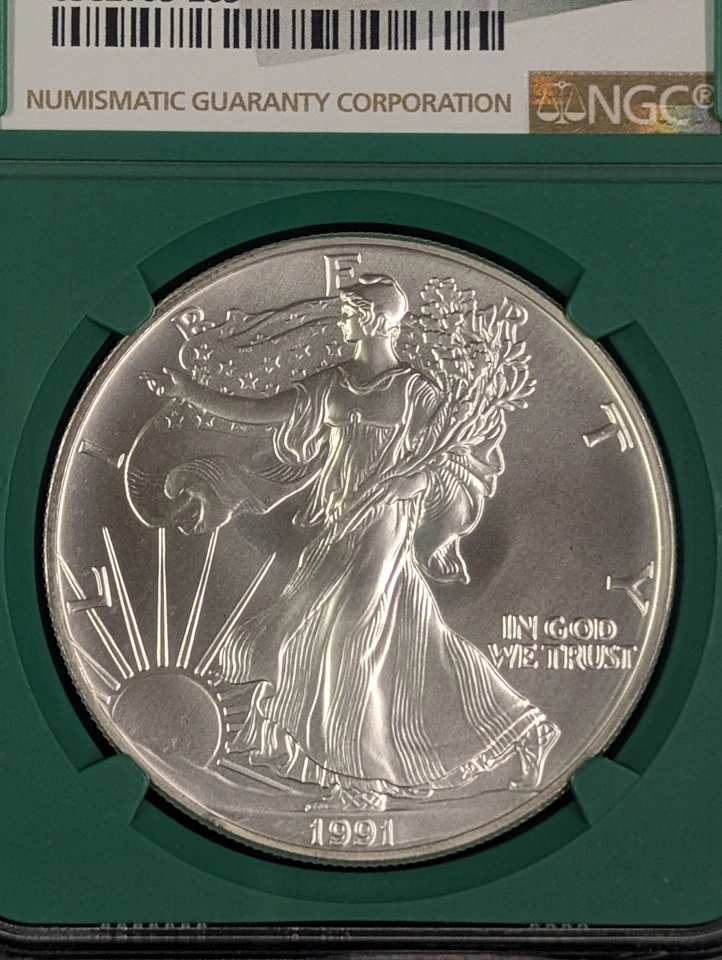 Silver Eagle 1991 NGC MS69 producción temprana - núcleo verde EE. UU. como nuevo caja sellada Foto 3 de 4