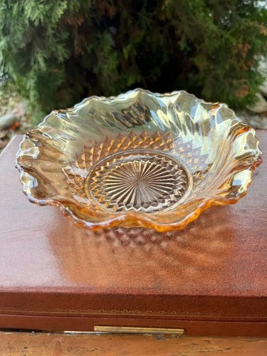 Vintage Marigold Carnival Glass Bowl with Diamond Ribbed Swirls and Ruffled Edge
