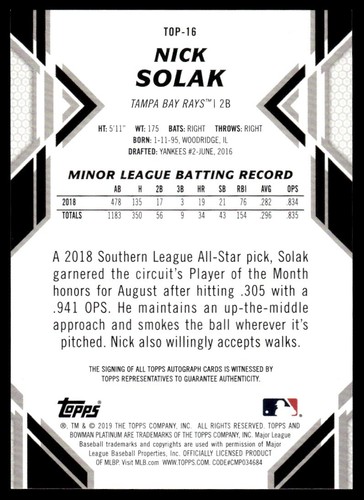 2019 Bowman Platinum Top Prospects Autographs Nick Solak Rookie Auto Tampa Bay - Picture 2 of 2