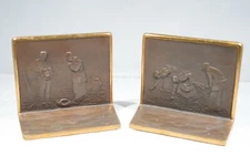 Pair Solid Bronze Bookends after J. F. Millet's The Angelus and The Gleaners 