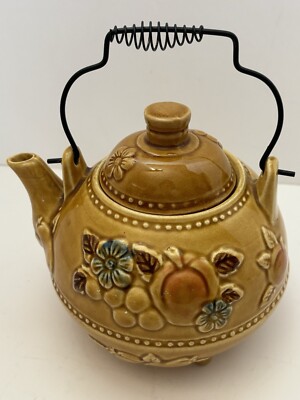 Vintage Mid Century Ceramic TEAPOT  Wire Handle 3D Fruit Floral 6 Cup JAPAN
