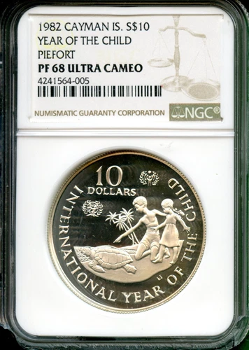 CAYMAN ISLANDS 1982  YEAR OF CHILD PROOF PIEFORT   $10   NGC 68 UC  VERY RARE